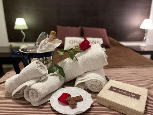 拉里奥哈QHAWANA CABAÑAS & SUITES的酒店客房带毛巾,床上有玫瑰