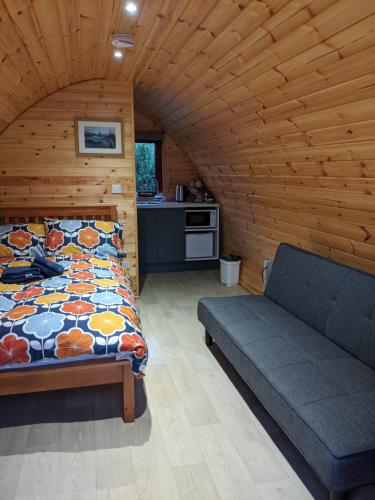 基利赫维林Glamping Pod Thady Killynick County Fermanagh的一间卧室配有一张床和一个沙发