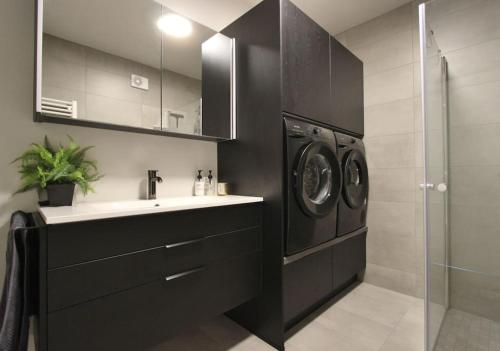 阿克雷里Beautiful apartment in Akureyri的一间带水槽和洗衣机的浴室