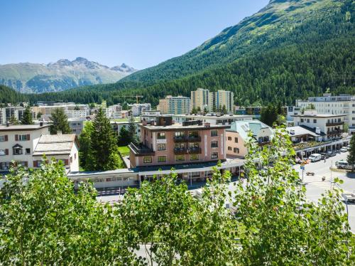 圣莫里茨Hotel Corvatsch的享有以山脉为背景的城市美景