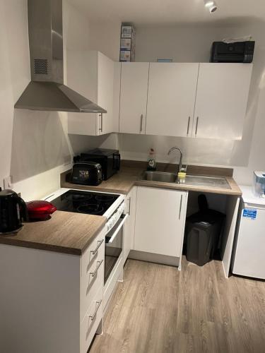 伦敦Perfect flat next to Wembley Stadium的厨房配有白色橱柜和炉灶烤箱。