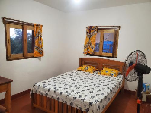 TôlagnaroVilla Baobab的一间卧室配有一张带风扇的床和两个窗户。