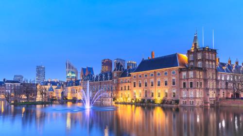 海牙The Hague Heritage的水中建有建筑物和喷泉的城市