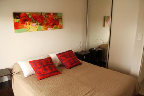 科尔多瓦Cordoba Rent Centro Avellaneda的一间卧室配有一张带两个红色枕头的床