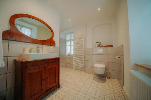特拉本特拉巴赫Residenz Moselliebe的一间带水槽、镜子和卫生间的浴室