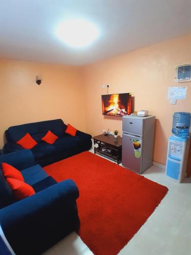 纳库鲁JAYDE COSSY HOMES的客厅配有蓝色的沙发和红色地毯。