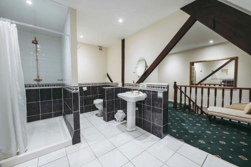 海布里奇The Grange Hotel Brent Knoll的一间带水槽、淋浴和卫生间的浴室
