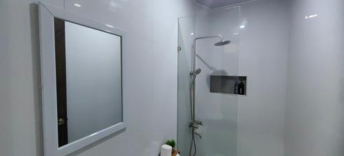 公主港OYO 1063 Manuela's Suites的带淋浴的浴室,带玻璃门
