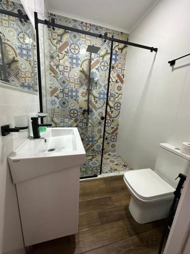安布罗劳里Flora Racha - Lovely Cottages的浴室配有盥洗盆、淋浴和卫生间