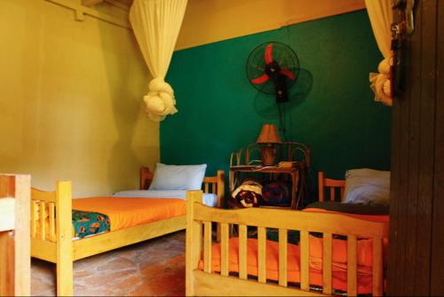 金贾Explorers River Camp的一间卧室设有两张床和绿色的墙壁
