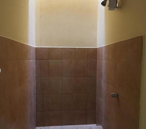 San Francisco dos RiosCasa Hassan的一间铺有棕色瓷砖的带淋浴的浴室