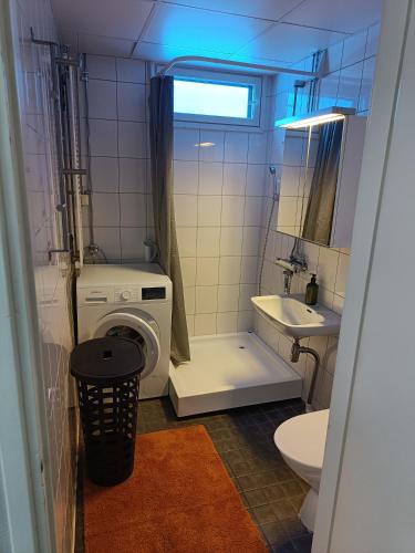 玛丽港Lägenhet på markplan的一间带洗衣机和水槽的浴室