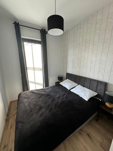 尤斯托尼莫斯基Summer Baltic Apartament的一间卧室设有一张黑色的床和一个窗户。