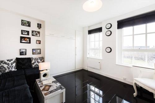 伦敦Cosy Studio in Bethnal Green的黑白客厅配有沙发和窗户