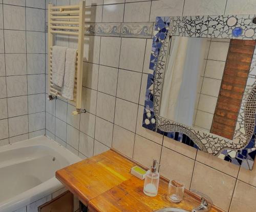 埃尔卡拉法特Alma Andina的带浴缸、水槽和镜子的浴室