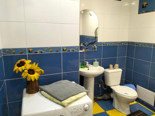 尼古拉耶夫Apartment on 8 Marta Street的蓝色和白色的浴室设有卫生间和水槽