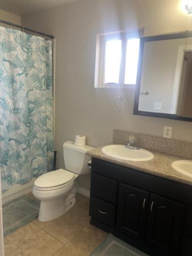 拉斯维加斯Big private room的一间带卫生间、水槽和镜子的浴室