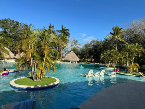 普拉亚科罗纳多GOLF CORONADO LUXURY MANGO SUITE PRIVATE POOL FEE INCLUDED的棕榈树和椅子的度假村的游泳池