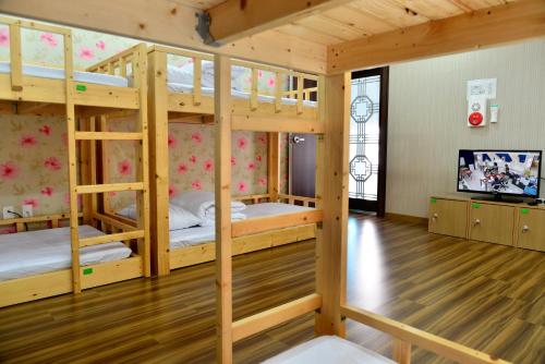 西归浦市Seom Guesthouse的客房设有两张双层床和一台平面电视。