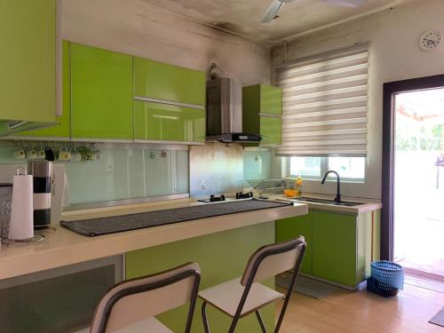 加央The 21 Repoh Homestay的厨房配有绿色橱柜、水槽和椅子