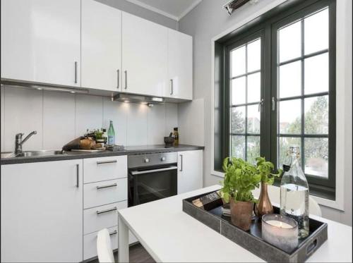 加勒穆恩Studio Apartment Oslo AirPort的厨房配有白色橱柜和白色台面