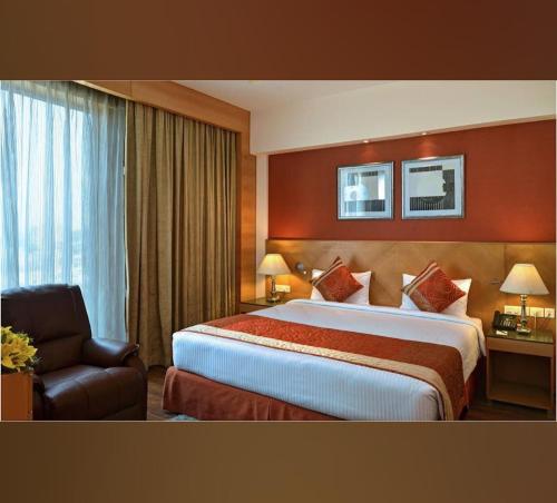 斋浦尔HOTEL FLAMINGO的酒店客房带一张大床和一把椅子