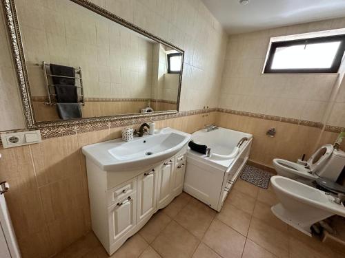 阿拉木图Quiet place的一间带水槽、卫生间和镜子的浴室
