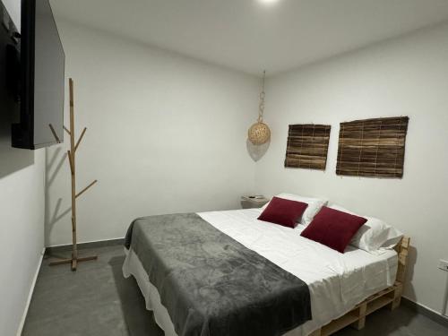 卡利Apartamentos Area Medica Imbanaco的白色卧室配有带2个红色枕头的床