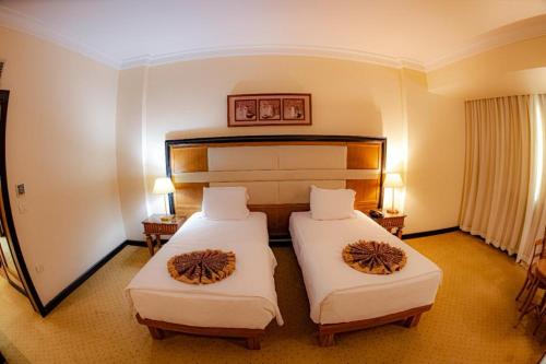 开罗paradise hotel的一间酒店客房内设有两张床的房间