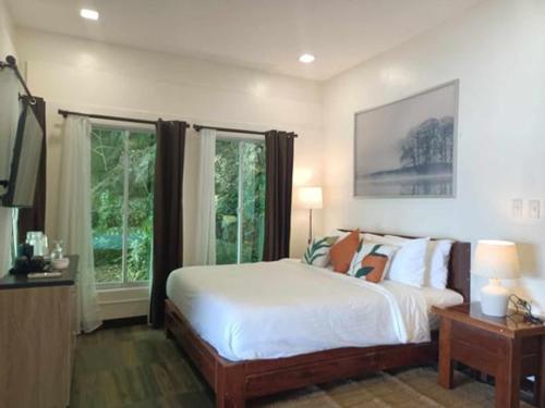 爱妮岛Kudugman Beach Cottages - El Nido的一间卧室设有一张床和一个大窗户