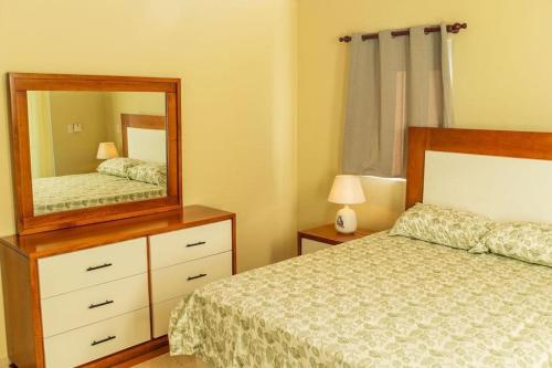 圣斐利-银港Villa luxury puerto plata RD的一间卧室配有一张床,梳妆台上配有镜子