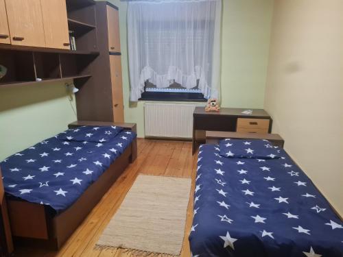Rečica ob SavinjiSkala的客房设有两张床、一张桌子和一个窗户。