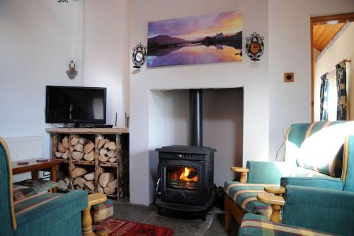 凯尔西温Cottage Skelligs Coast, Ring of Kerry的客厅设有壁炉和炉灶。