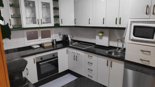 哈恩Dúplex San Lorenzo 2 PARKING GRATUITOS的厨房配有白色橱柜、水槽和微波炉