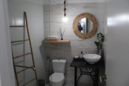 珀彻斯Retiro dos sonhos的一间带卫生间、水槽和镜子的浴室