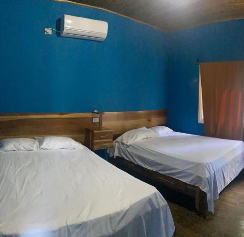 特拉Cabañas Laguna Negra的蓝色墙壁客房的两张床