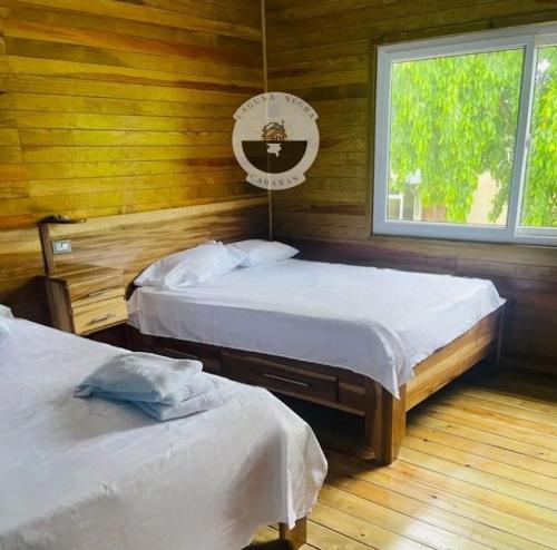特拉Cabañas Laguna Negra的一间卧室设有两张床和窗户。