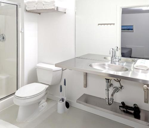 安克雷奇Snob Hollow Inn Downtown Anchorage的白色的浴室设有卫生间和水槽。