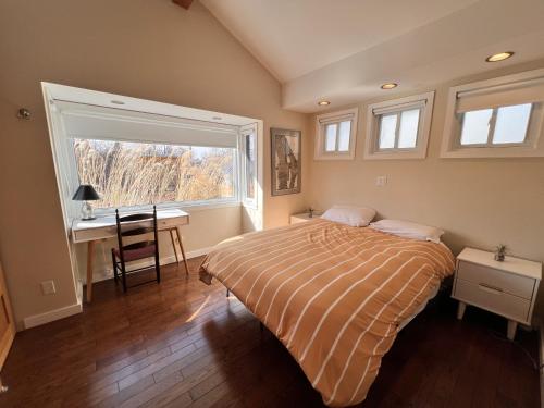 HillierCozy Creekside Retreat的一间卧室配有一张床、一张书桌和一个窗户。