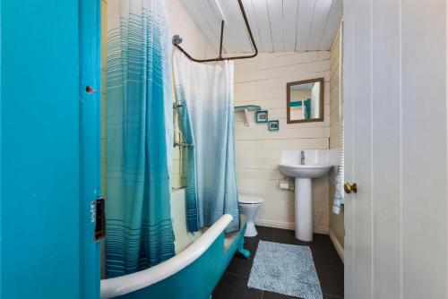 WhareamaIndia House & Ica Whare in Whareama, Nr Riversdale Beach的浴室设有蓝色的浴帘和水槽