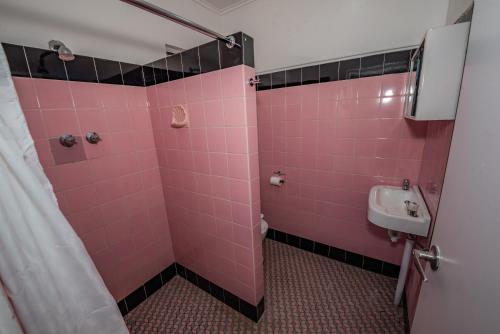 加尔贡The Centennial Hotel Gulgong的粉红色的浴室设有水槽和淋浴