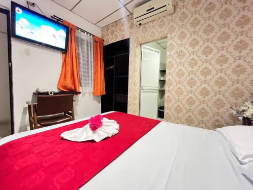 内瓦Hotel Boutique Casa Dorada的卧室配有红色和白色的床和电视。