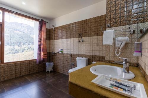 新德里SMART PLAZA HOTEL-At Airport的一间带水槽和卫生间的浴室以及窗户。
