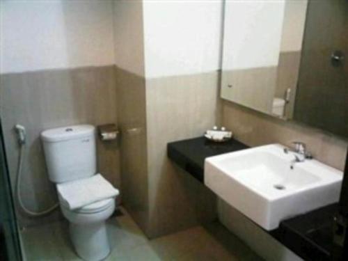 沙马林达Radja Hotel的一间带卫生间、水槽和镜子的浴室