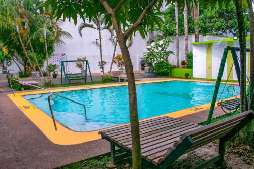 莱蒂西亚怀拉套房酒店的树旁带长凳的游泳池