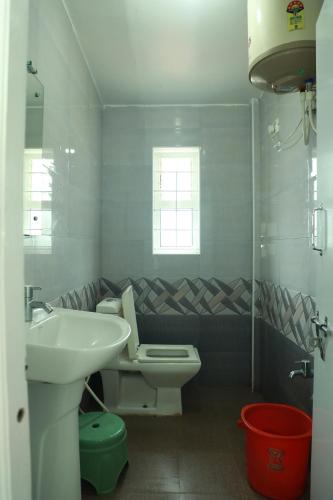 乌提dreams cottage的一间带水槽和卫生间的浴室以及窗户。