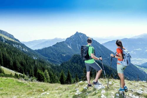 佩尔蒂绍Chalets Grossmitt的两个人站在山顶上,眺望着群山