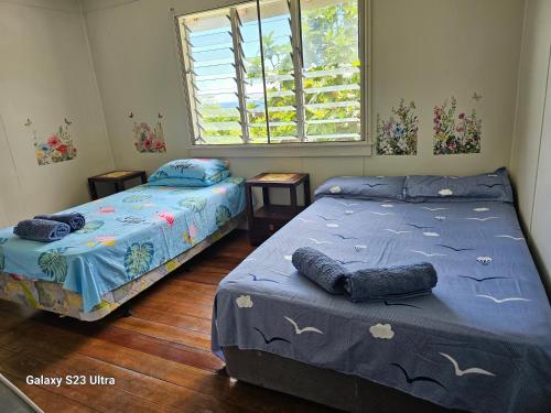 阿洛菲Heleni Jessop's Fatahega的一间卧室设有两张床和窗户。
