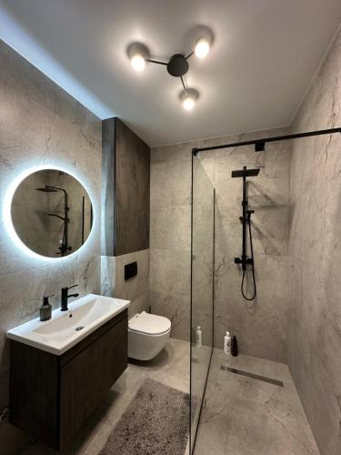 罗夫诺Люкс апартаменти в центрі Жк Театральний的一间带水槽、卫生间和镜子的浴室