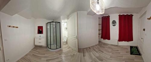 布里奥讷La Brionnaise Chambre的一间大浴室,配有镜子和红色窗帘